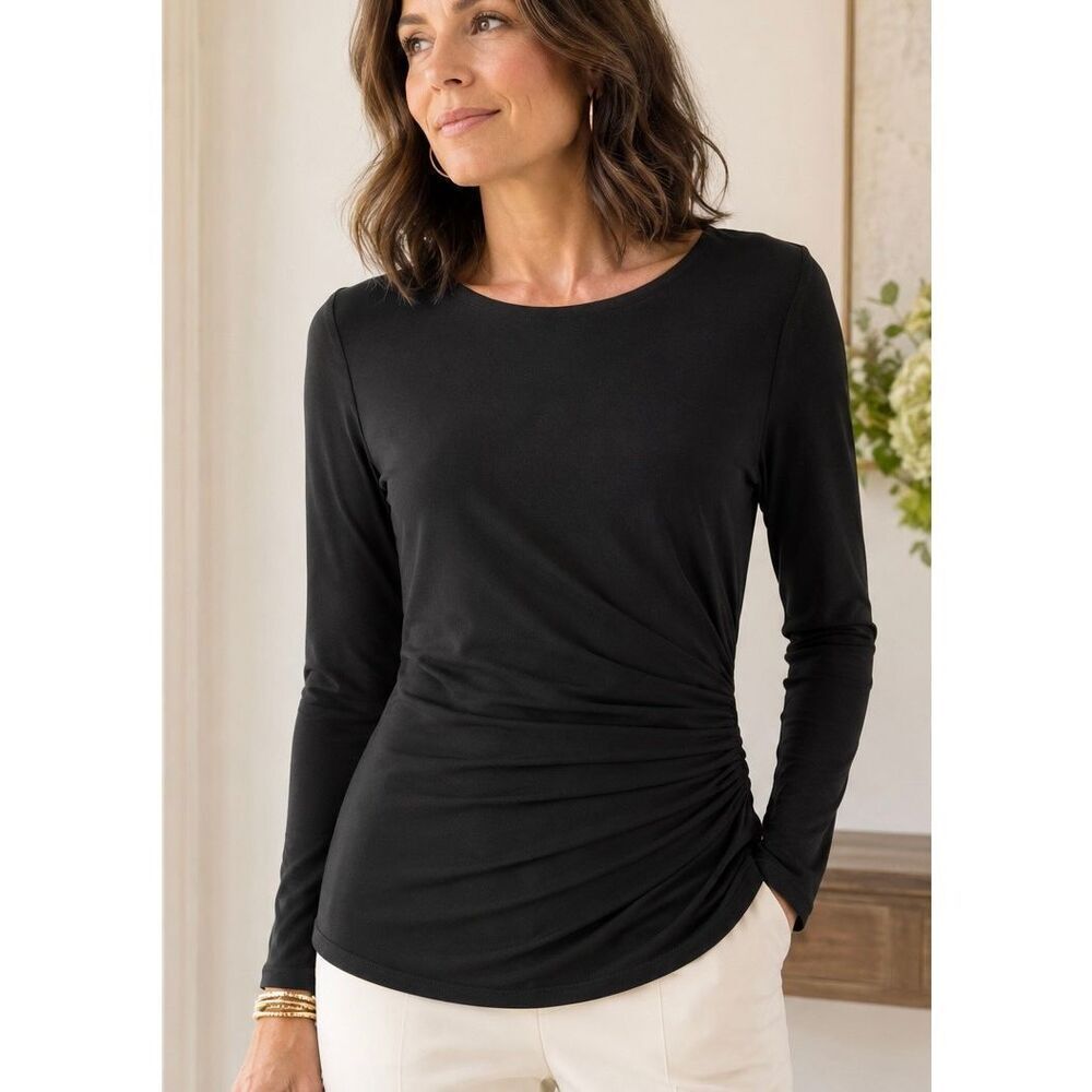 Chic Tahari Black Ruched Side Stretch Knit Long Sleeve Top Sz Large